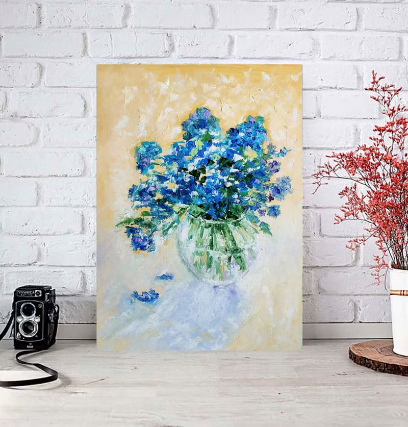 Blue Flowers Bouquet Original Painting, Forget-me-nots Art, Floral Wall Art 手工油畫