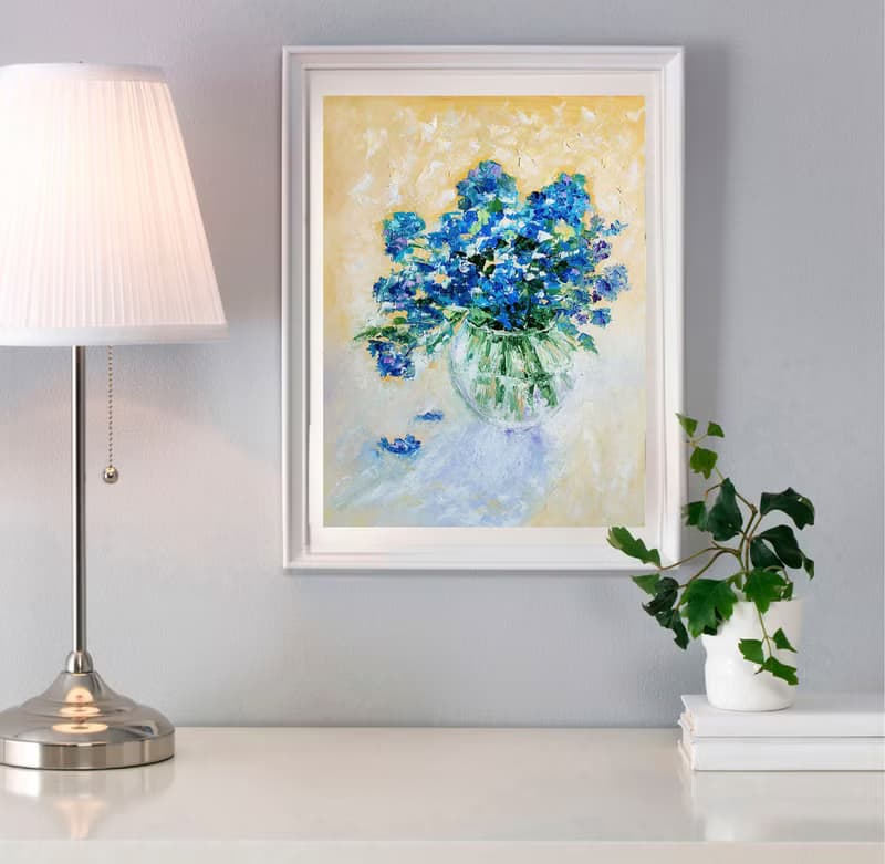 Blue Flowers Bouquet Original Painting, Forget-me-nots Art, Floral Wall Art 手工油畫