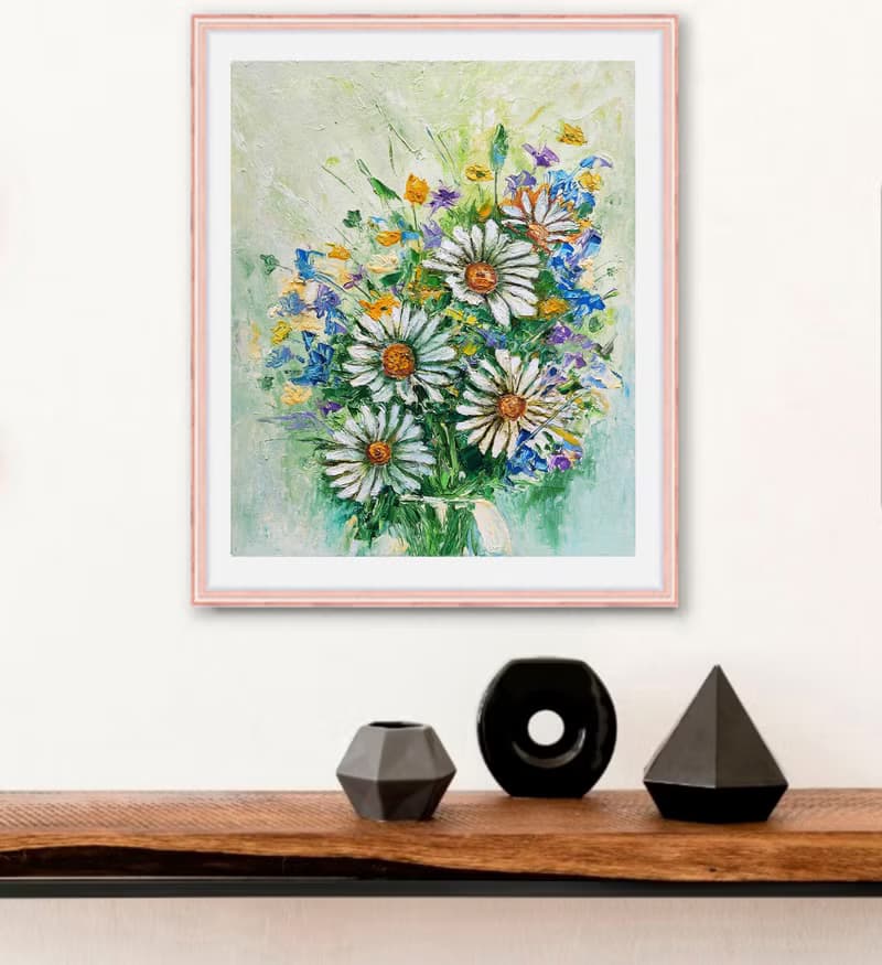 Flower Bouquet Original Painting, Daisies Wall Art, Floral  Impasto Artwork.手工油畫