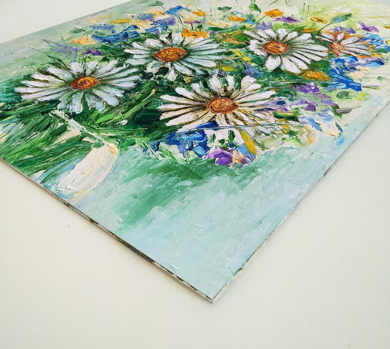 Flower Bouquet Original Painting, Daisies Wall Art, Floral  Impasto Artwork.手工油畫