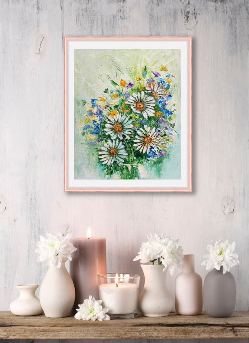 Flower Bouquet Original Painting, Daisies Wall Art, Floral  Impasto Artwork.手工油畫