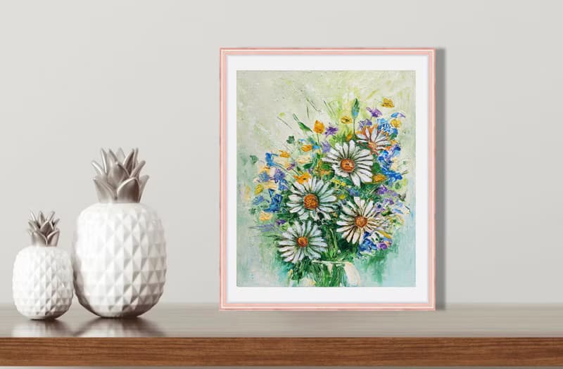 Flower Bouquet Original Painting, Daisies Wall Art, Floral  Impasto Artwork.手工油畫