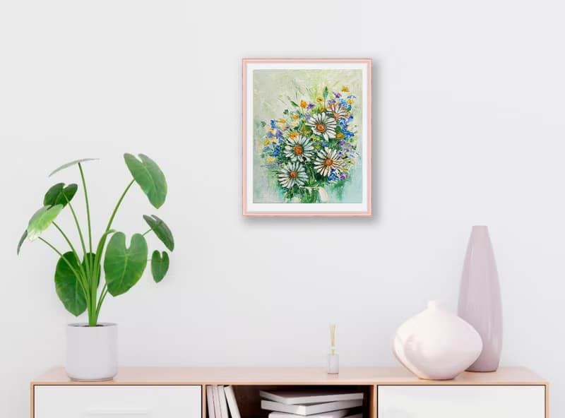 Flower Bouquet Original Painting, Daisies Wall Art, Floral  Impasto Artwork.手工油畫