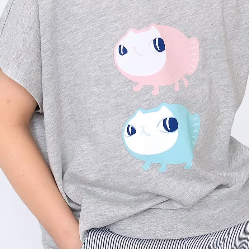 Kids Elio魚喵散步/兒童純棉Tshirt 落肩款 灰-中性版