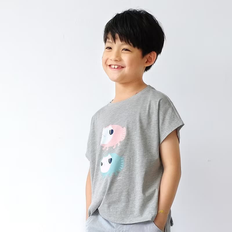 Kids Elio魚喵散步/兒童純棉Tshirt 落肩款 灰-中性版