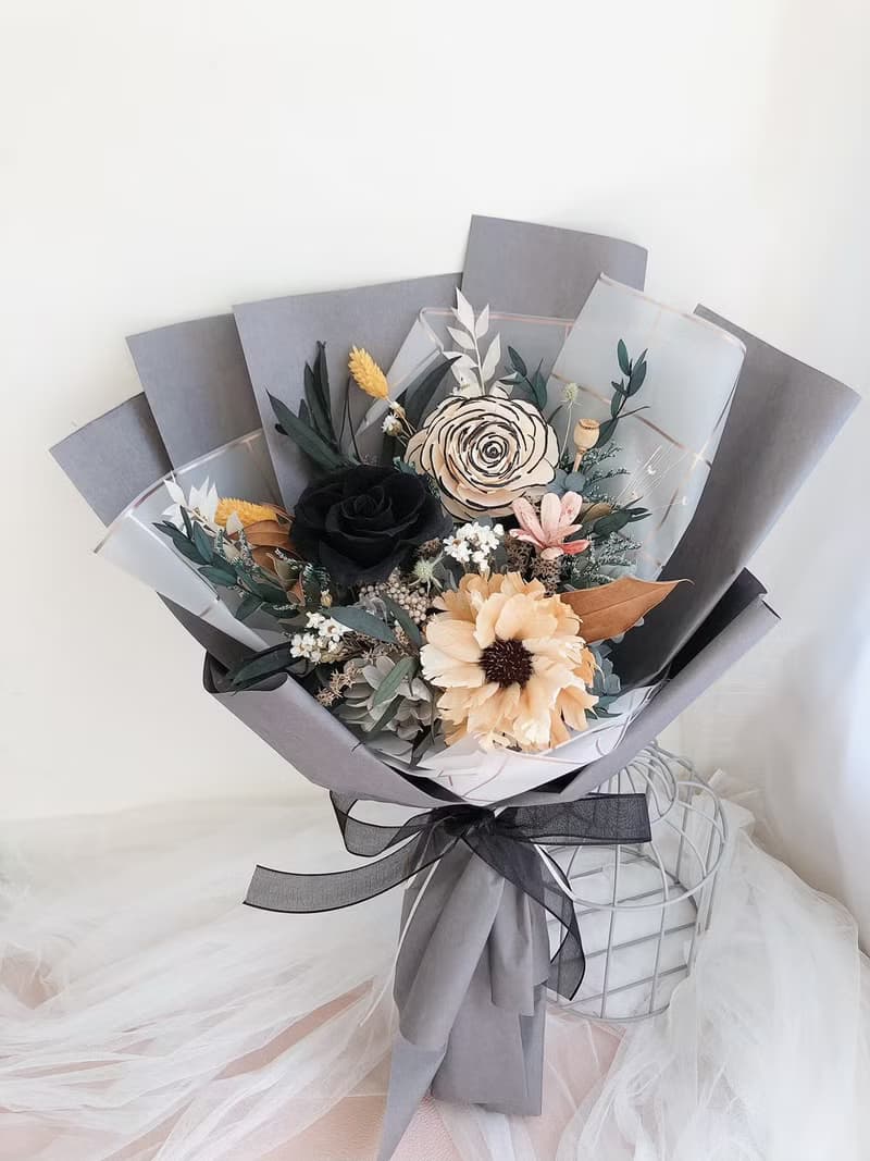 永生花 永生玫瑰花 黑色玫瑰 向日葵畢業花束 畢業禮物 太陽花