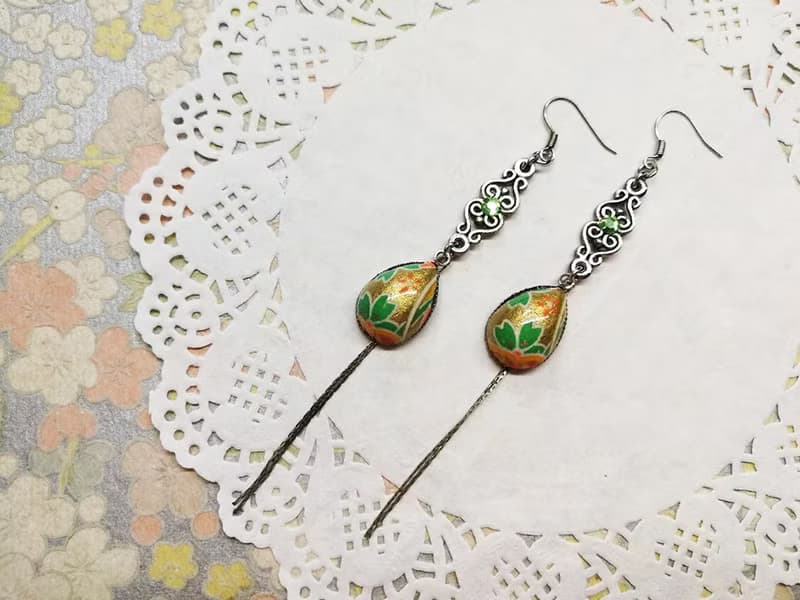 水滴形長垂鍊耳環 日本友禪紙 和紙(獨一商品)GE06-001