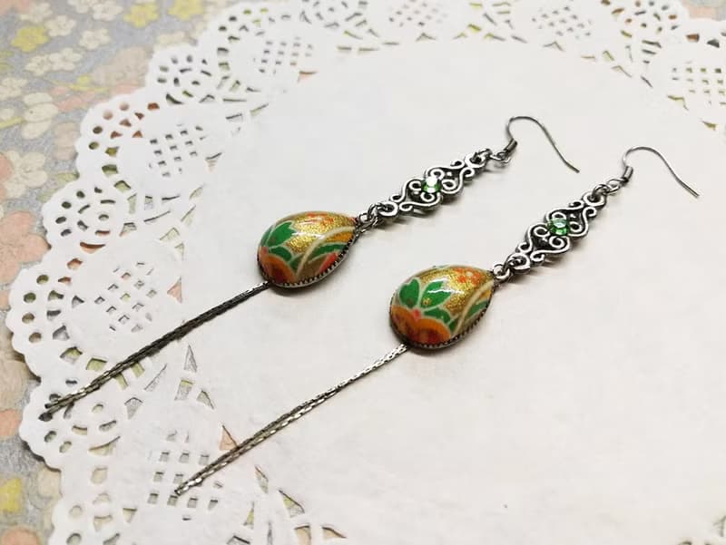 水滴形長垂鍊耳環 日本友禪紙 和紙(獨一商品)GE06-001