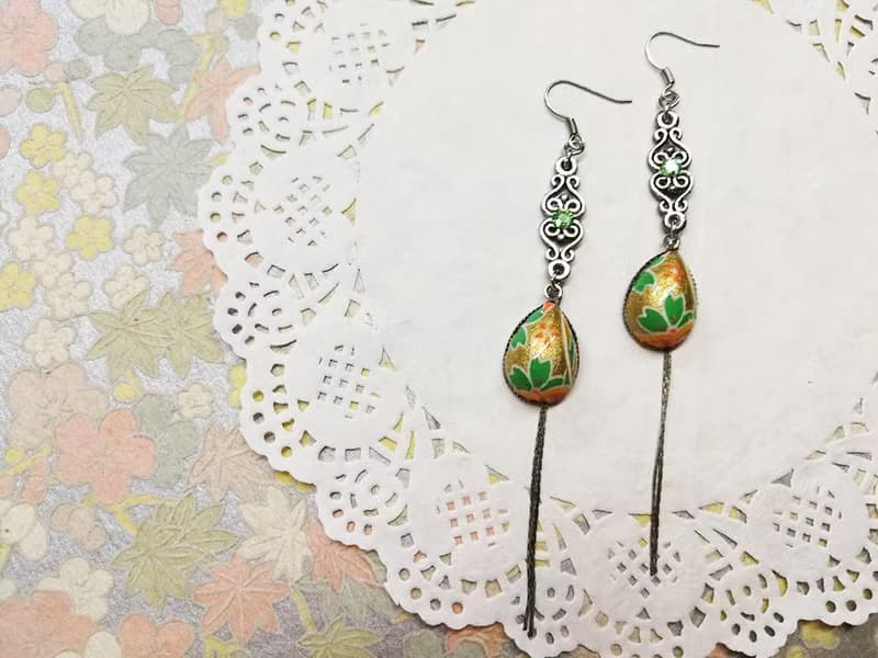 水滴形長垂鍊耳環 日本友禪紙 和紙(獨一商品)GE06-001