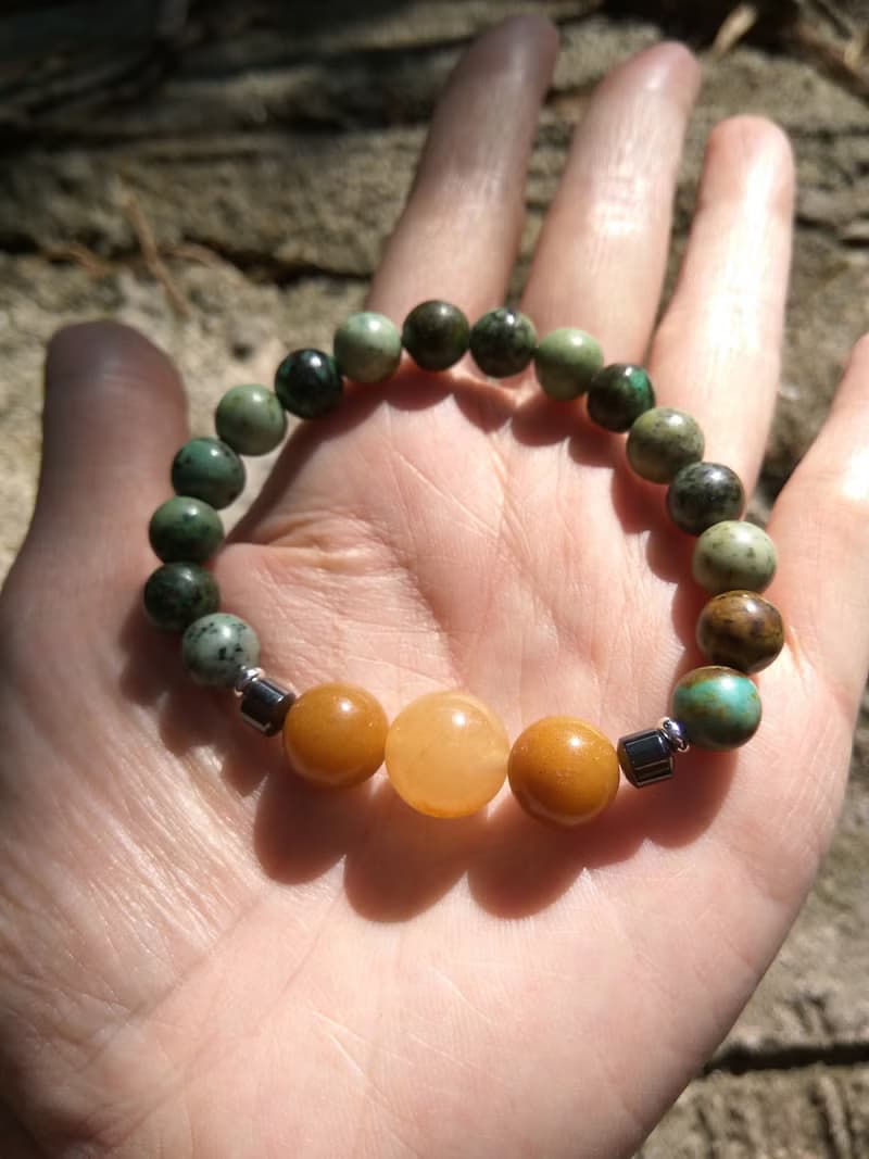 綠松石/ 黃玉/ 黑膽石/ 14K銀珠 天然石 中性 單圈手鍊