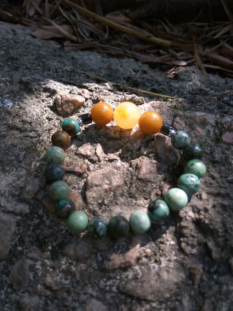 綠松石/ 黃玉/ 黑膽石/ 14K銀珠 天然石 中性 單圈手鍊
