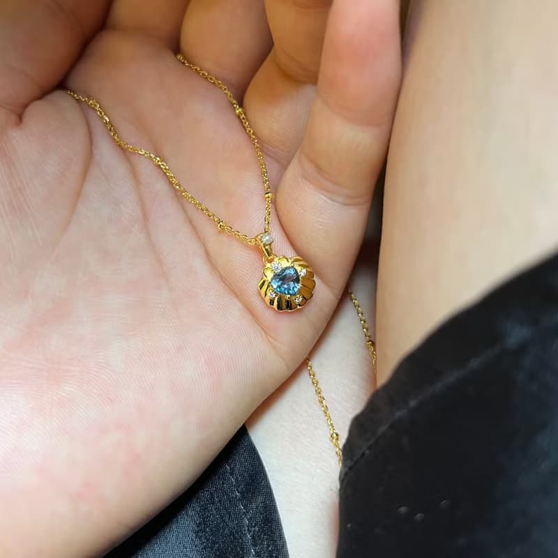YELU獨立自制倫敦藍托帕石小貝殼純銀項鏈