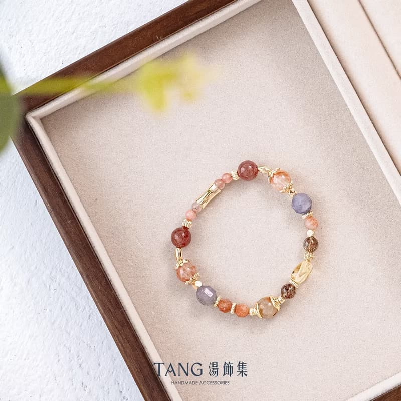 庫肯霍夫。黃水晶 黑金超 紅膠花 堇青石 14K金 手鍊。開運招財