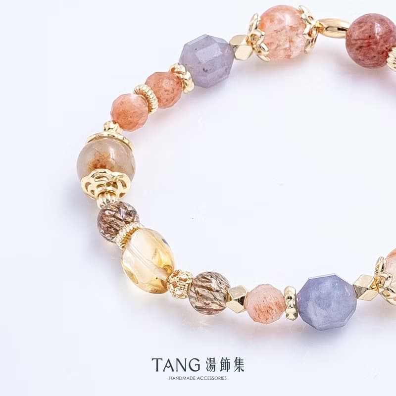 庫肯霍夫。黃水晶 黑金超 紅膠花 堇青石 14K金 手鍊。開運招財