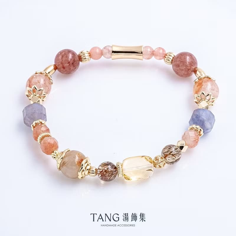 庫肯霍夫。黃水晶 黑金超 紅膠花 堇青石 14K金 手鍊。開運招財