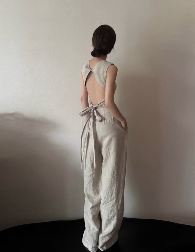 新中式侘寂風 亞麻復古鏤空綁帶背心 長褲套裝