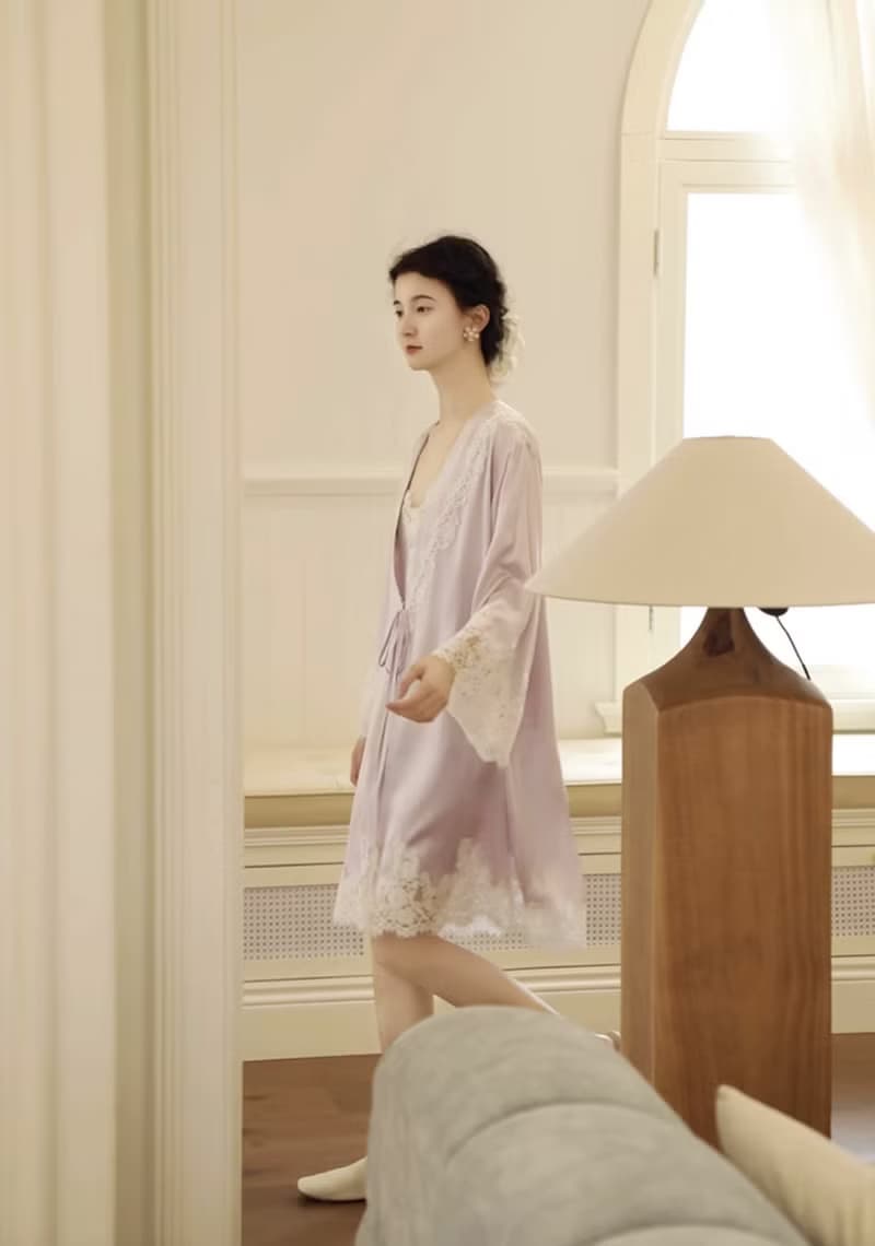 法式復古 真絲結婚晨袍 桑蠶絲新娘睡袍