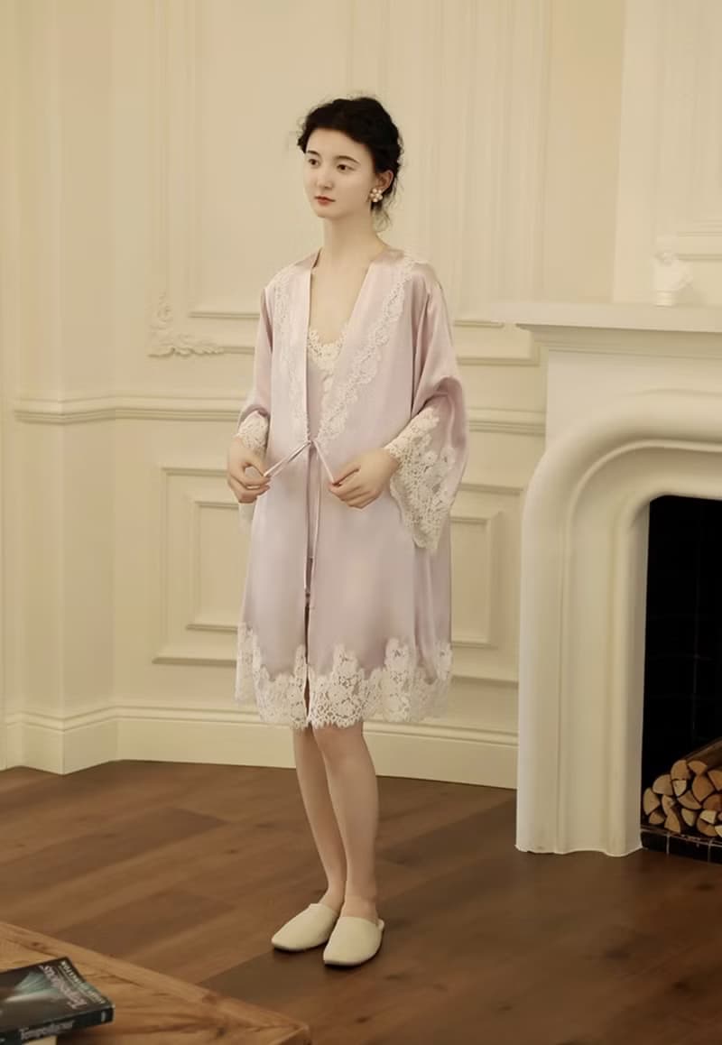 法式復古 真絲結婚晨袍 桑蠶絲新娘睡袍