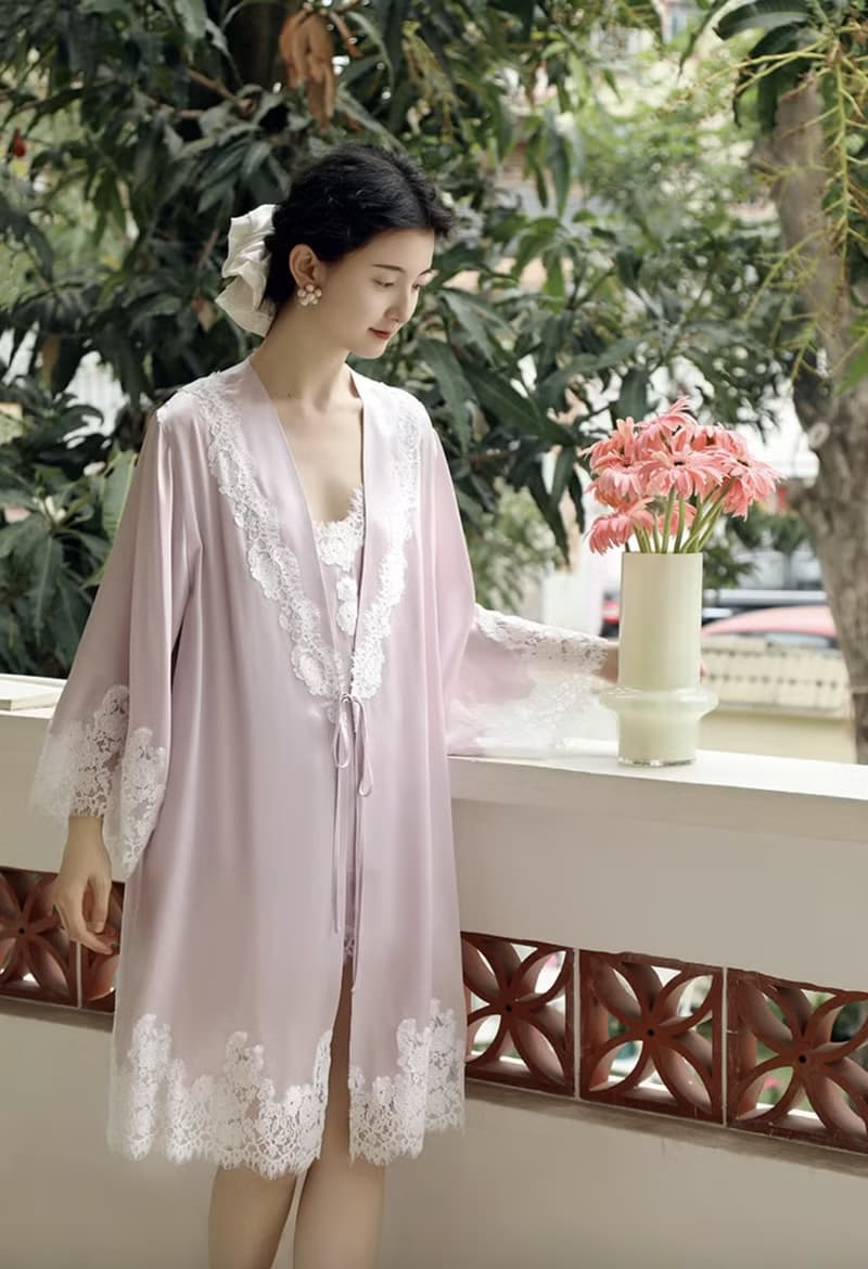 法式復古 真絲結婚晨袍 桑蠶絲新娘睡袍