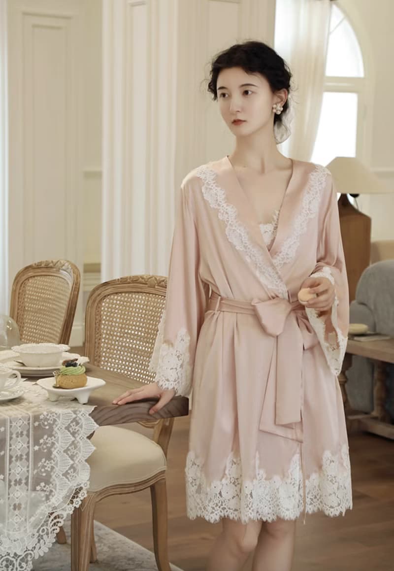 法式復古 真絲結婚晨袍 桑蠶絲新娘睡袍