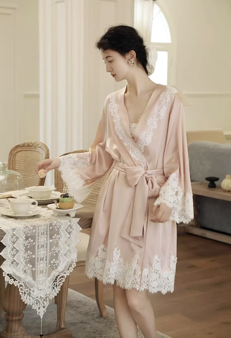 法式復古 真絲結婚晨袍 桑蠶絲新娘睡袍