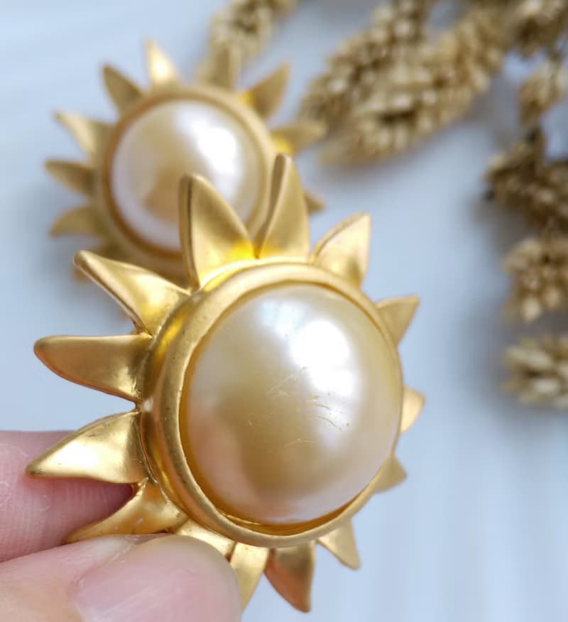 Vintage Jewelry 西洋古董飾品 金太陽 仿珠 夾式耳環