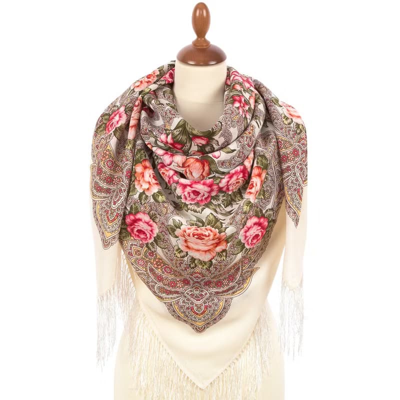 Pavlovo Posad Russian Shawl 100% Wool Scarf 125x125 cm Wrap Silk Fringe 1980-0
