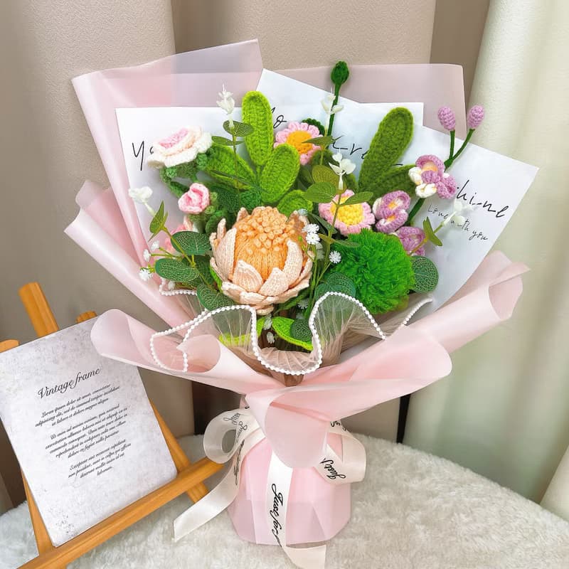 手作鉤織綠意花漾質感花束