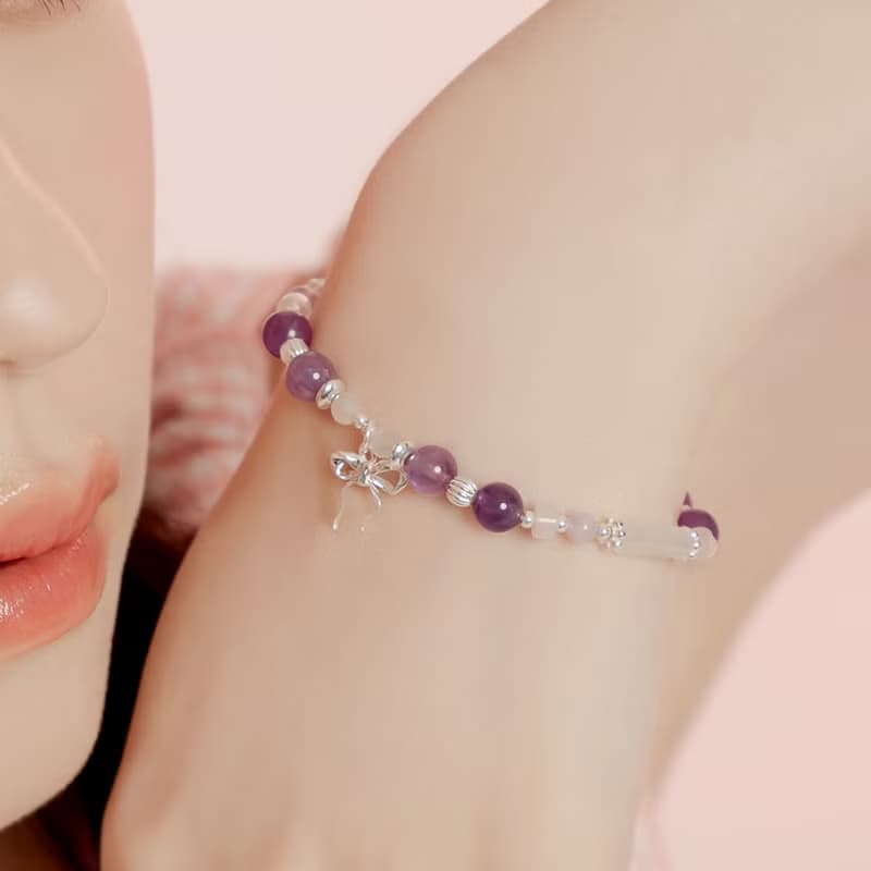 浪漫少女 |  薰衣草紫水晶 粉水晶  S925純銀 | 蝴蝶結水晶手鍊