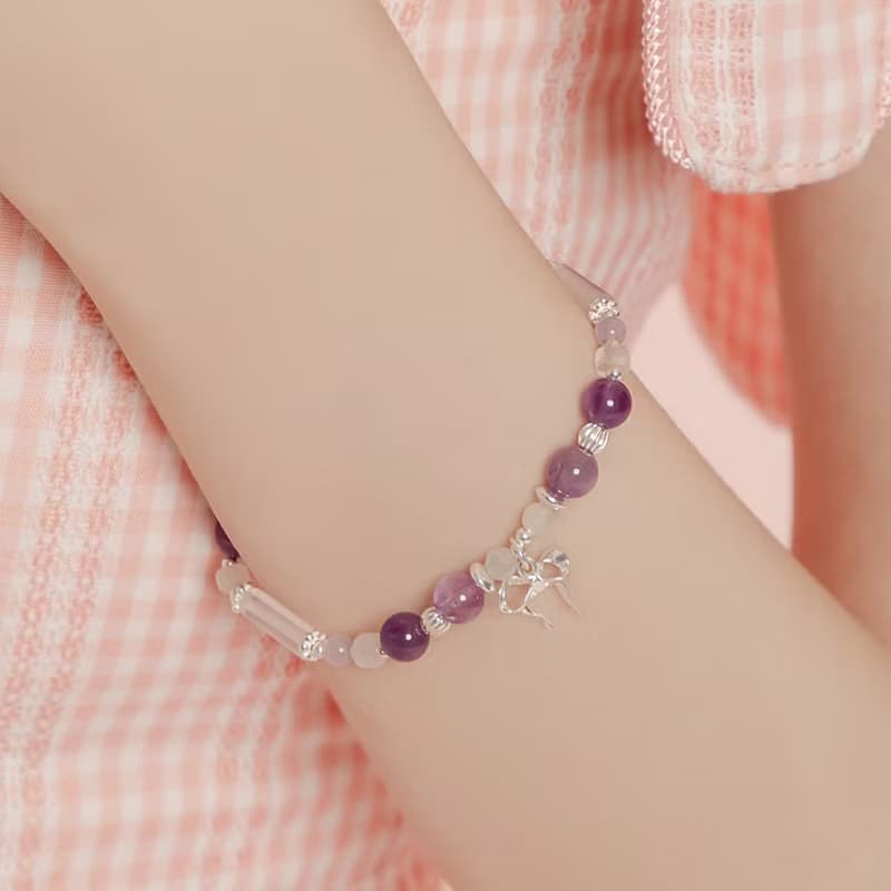 浪漫少女 |  薰衣草紫水晶 粉水晶  S925純銀 | 蝴蝶結水晶手鍊