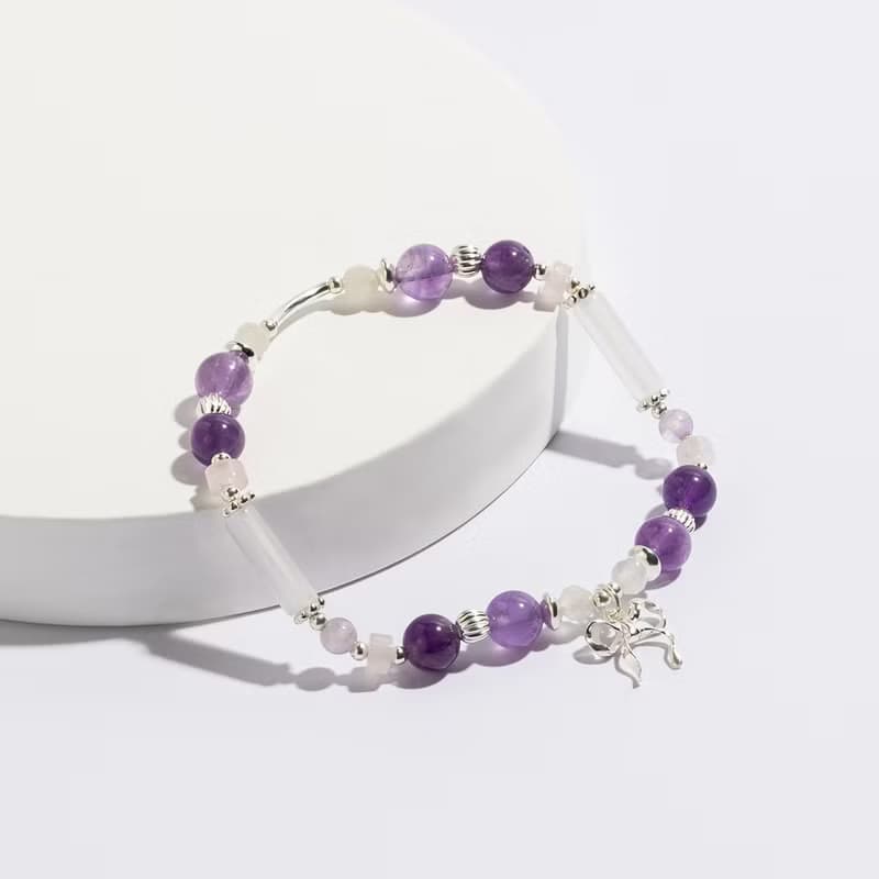 浪漫少女 |  薰衣草紫水晶 粉水晶  S925純銀 | 蝴蝶結水晶手鍊