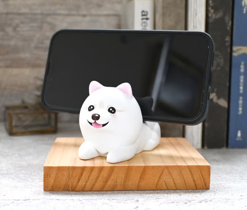 萌萌白熊薩摩耶擺飾 名片架 手機架 手工木製療癒小木雕公仔