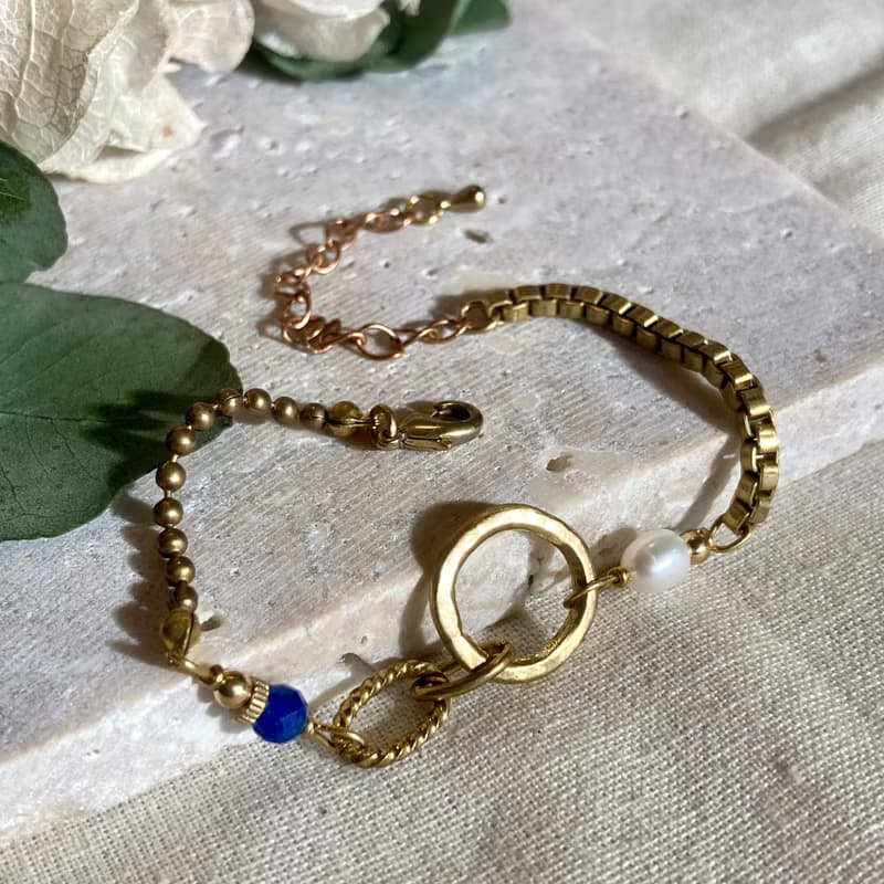 老林雜貨 | 手敲黃銅圈圈藍晶珍珠手鍊