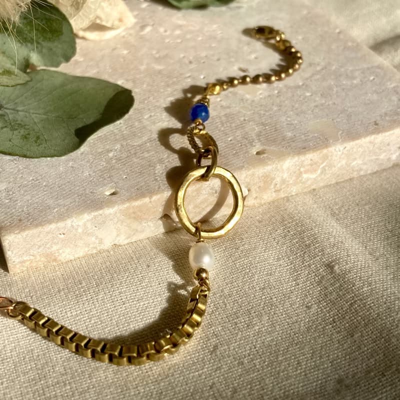 老林雜貨 | 手敲黃銅圈圈藍晶珍珠手鍊