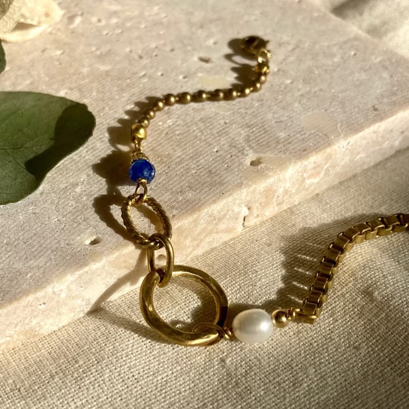 老林雜貨 | 手敲黃銅圈圈藍晶珍珠手鍊