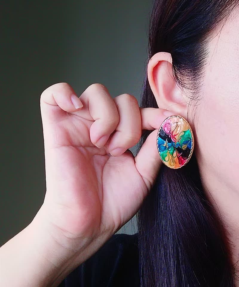 Vintage Jewelry 西洋古董飾品 彩拉絲 復古 橢圓 針式耳環