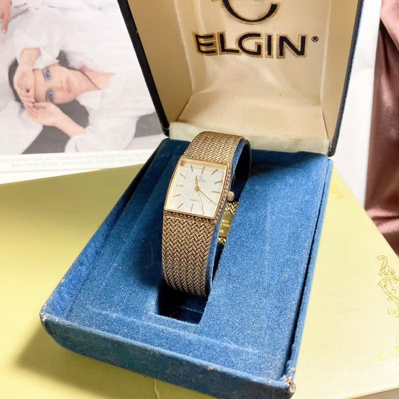 【西洋古董飾品】1960附原廠盒 ELGIN 可調整石英正常運作 手錶