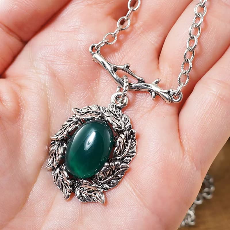 Dark Green Agate Silver Leaf Branch Forest Pendant Necklace Woman Jewelry Gift