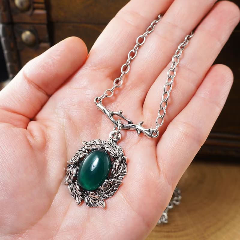 Dark Green Agate Silver Leaf Branch Forest Pendant Necklace Woman Jewelry Gift