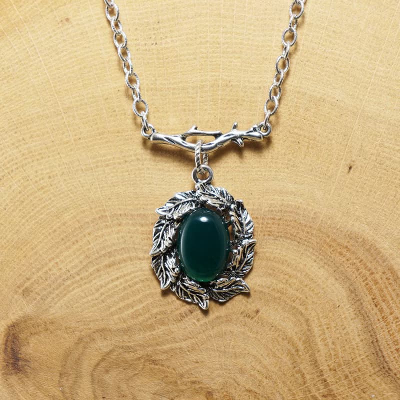 Dark Green Agate Silver Leaf Branch Forest Pendant Necklace Woman Jewelry Gift