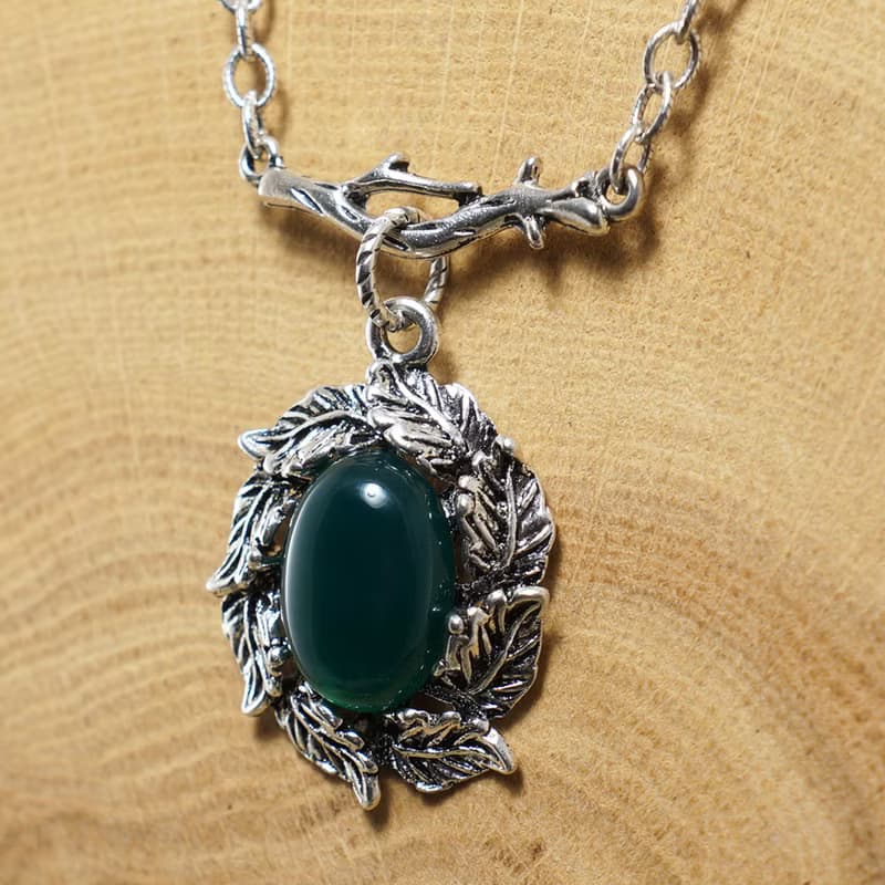 Dark Green Agate Silver Leaf Branch Forest Pendant Necklace Woman Jewelry Gift