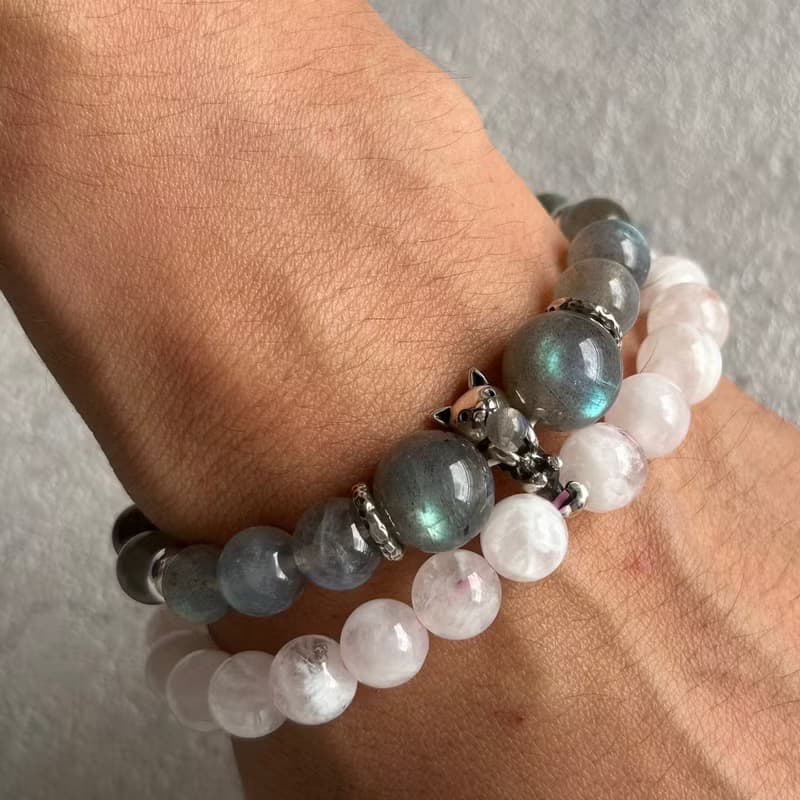 金工純銀勾勾貓 | 高品拉長石水晶手串