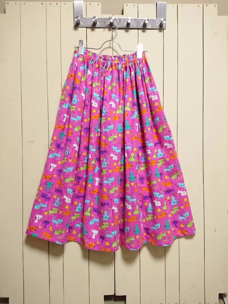Flannel Colorful Cat skirt PINK USAcotton 日本製 輸入生地 FREE