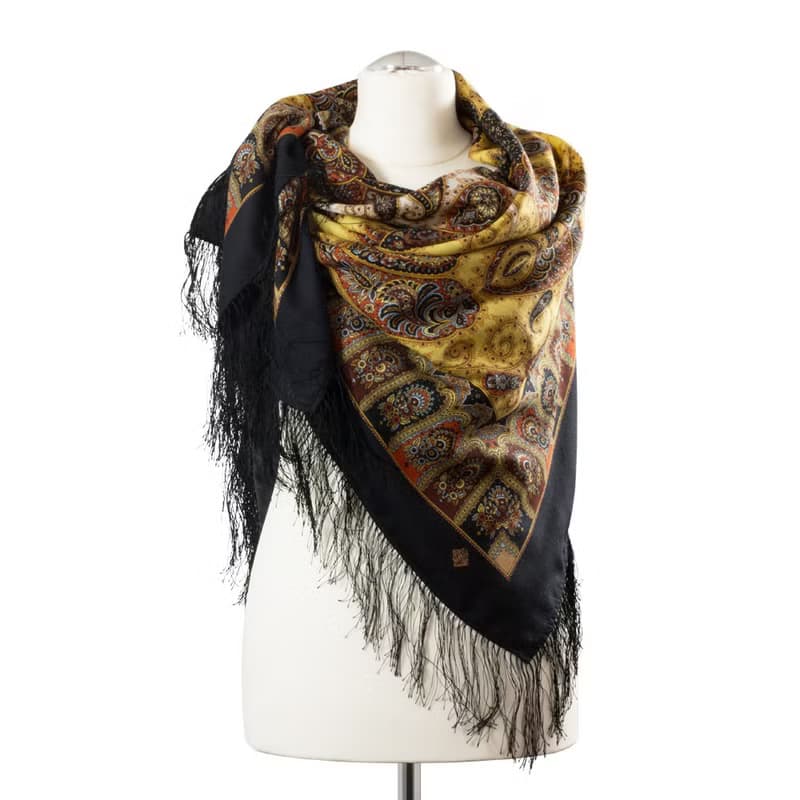 Pavlovo Posad Russian Shawl 100% Wool Scarf 125x125 cm Wrap Silk Fringe 1344-18