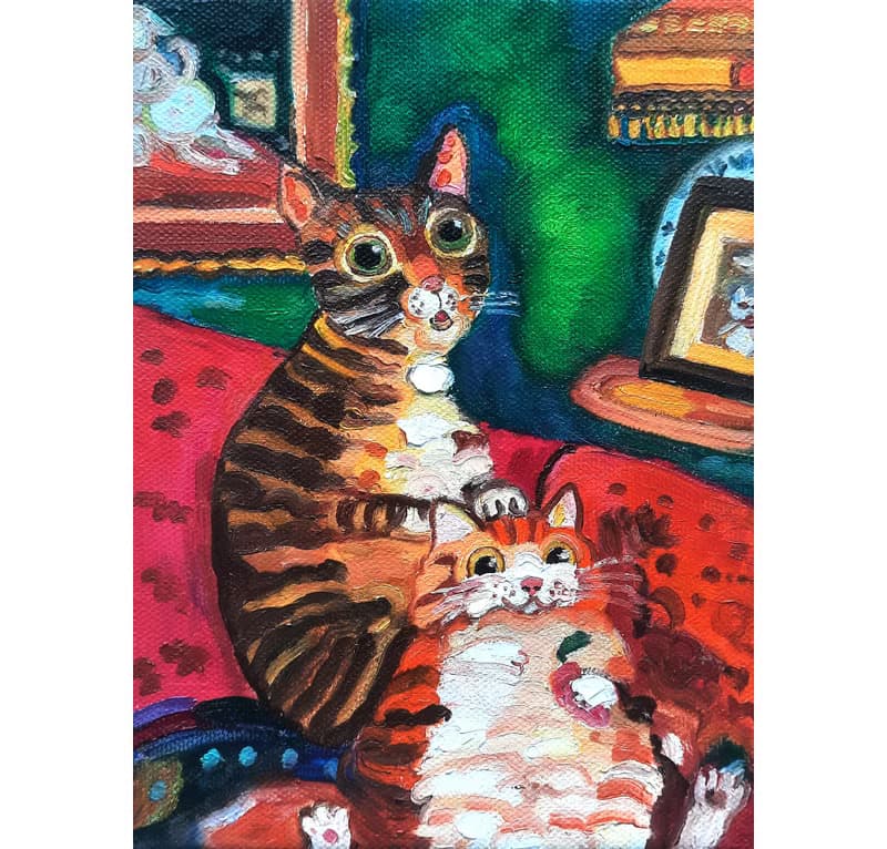 Two Cats  Painting Original Art Small  Oil Painting on Canvas 20sm by15sm