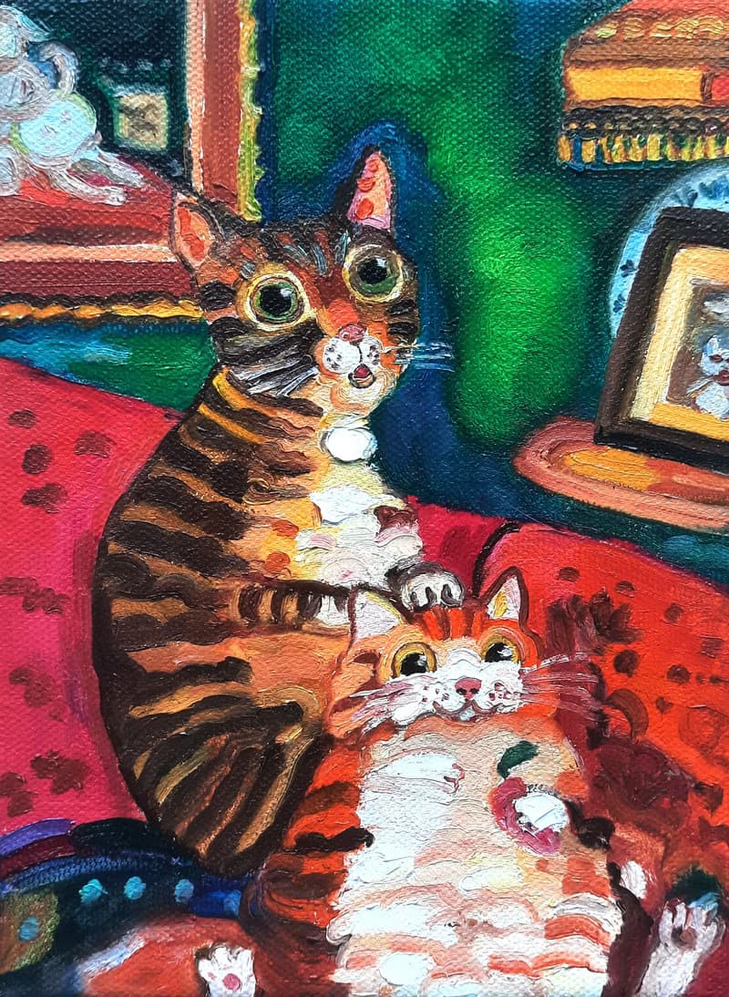 Two Cats  Painting Original Art Small  Oil Painting on Canvas 20sm by15sm