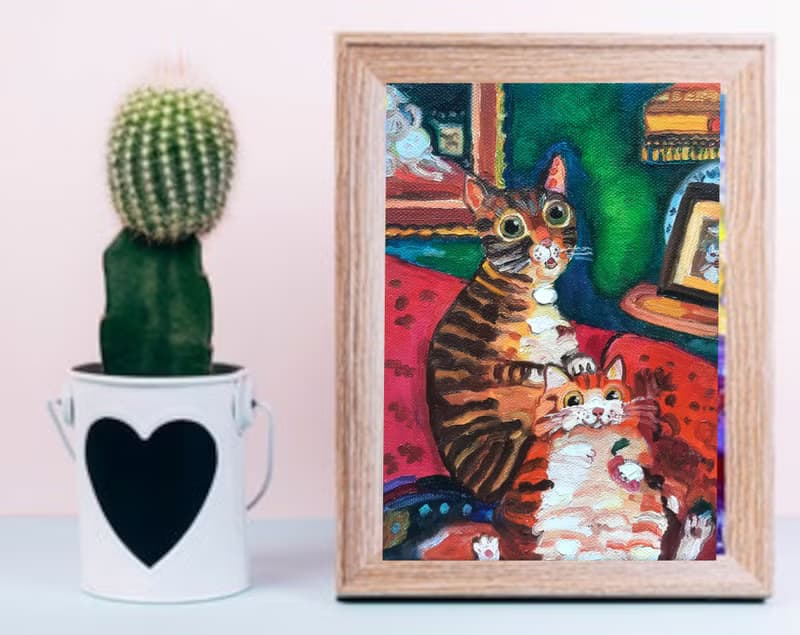 Two Cats  Painting Original Art Small  Oil Painting on Canvas 20sm by15sm