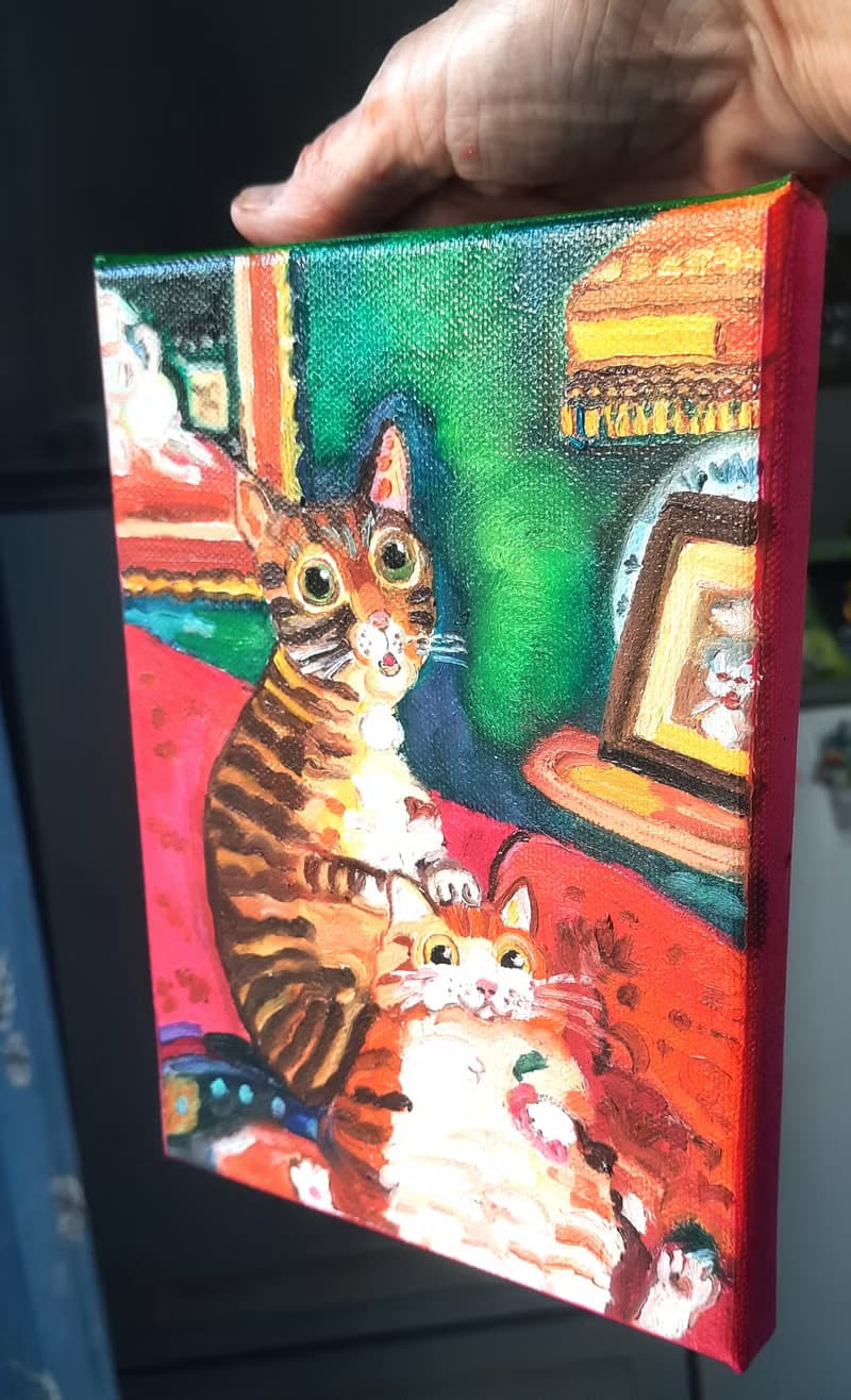 Two Cats  Painting Original Art Small  Oil Painting on Canvas 20sm by15sm