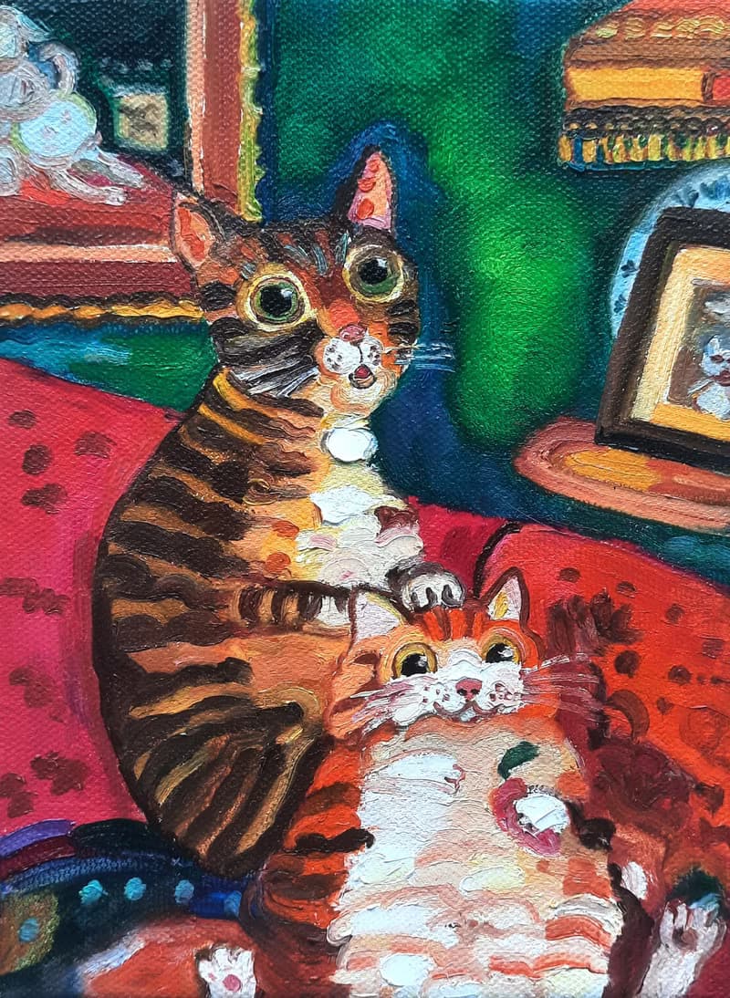 Two Cats  Painting Original Art Small  Oil Painting on Canvas 20sm by15sm