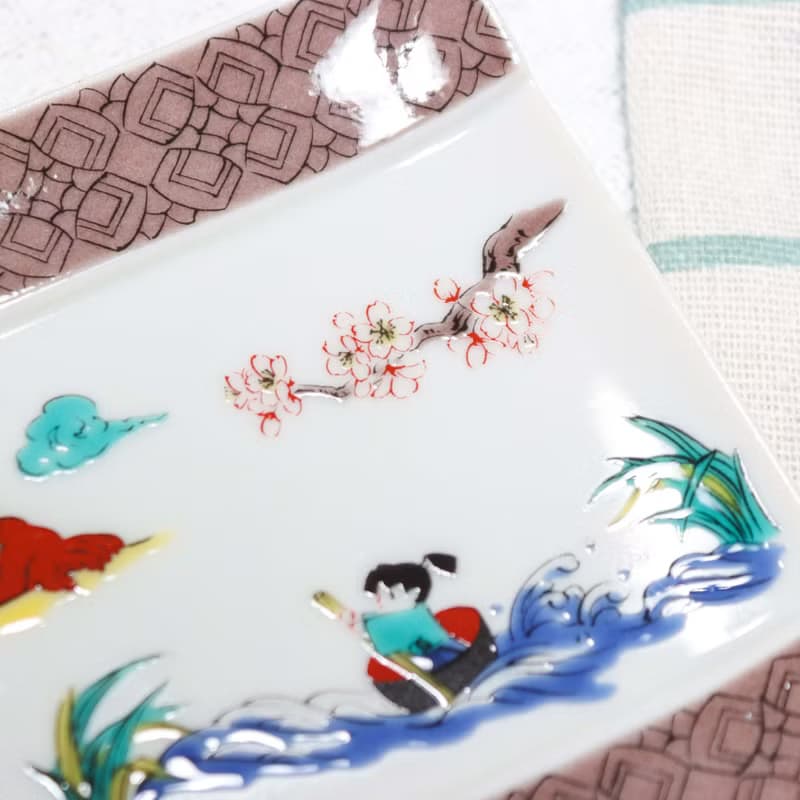 【九谷燒】青郊窯神話故事方盤-一寸法師